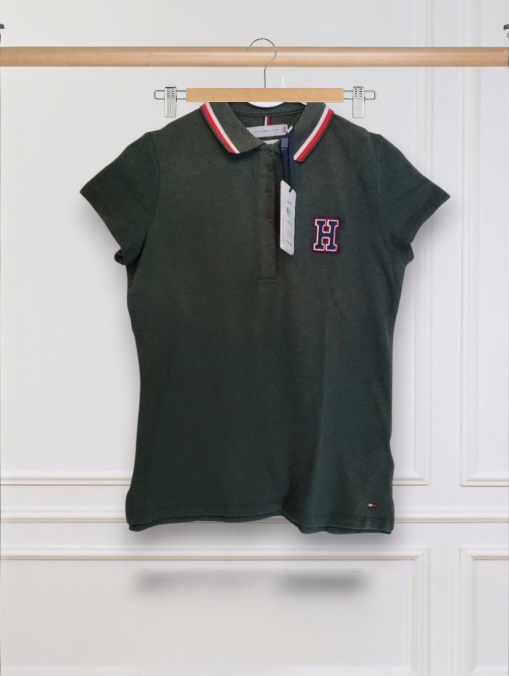 Tommy Hilfiger Womens Olive Polo with Red and White Accents Hiden Buttons